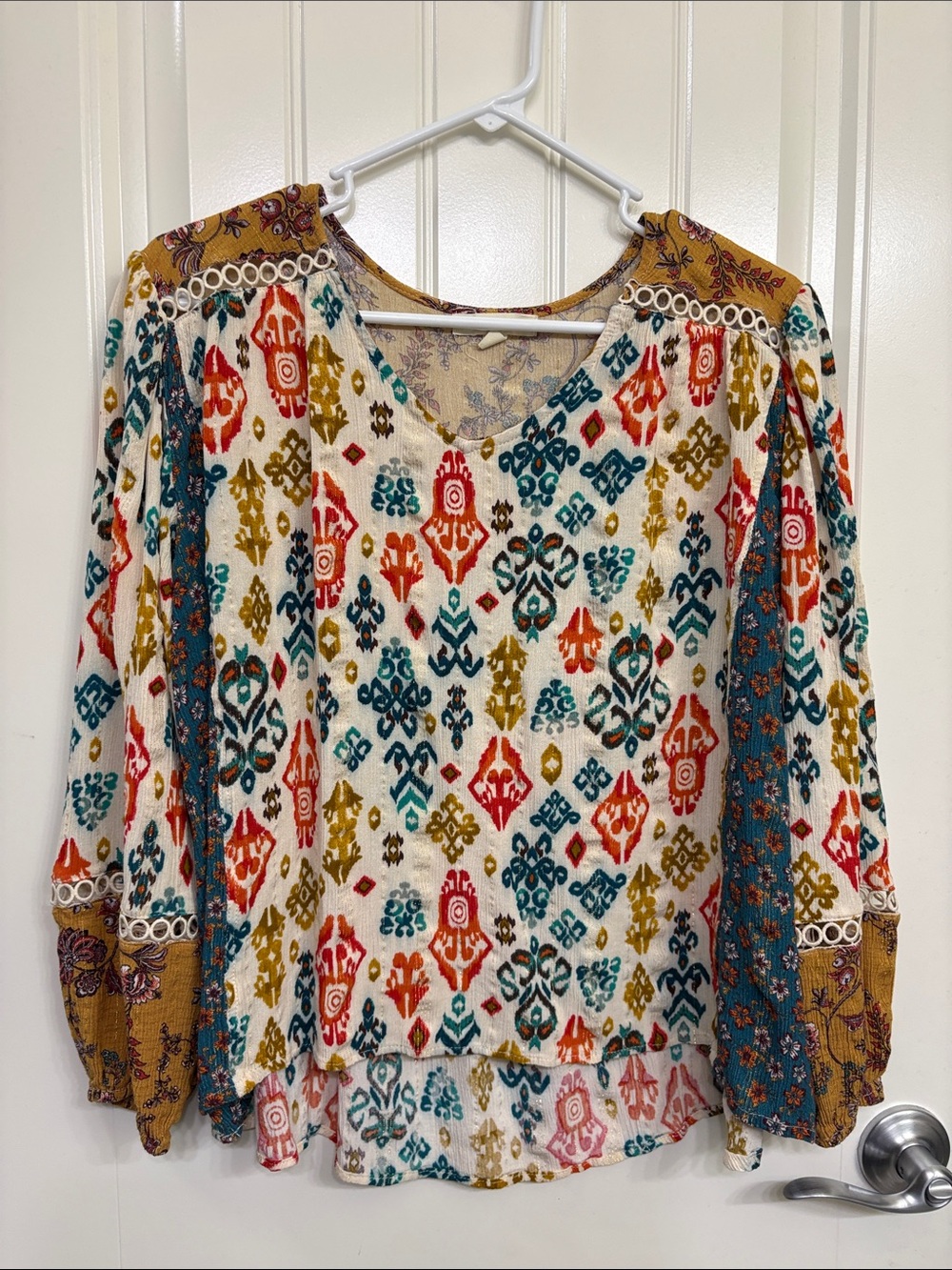 Farmers Market Boho Ikat-Print Top in Cream, Mustard &‎ Teal